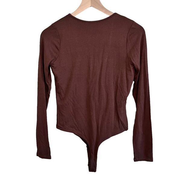 Naked Wardrobe Bodysuit Large Brown V-Neck Long Sleeve Thong Stretch NW-B0125 - Picture 2 of 9